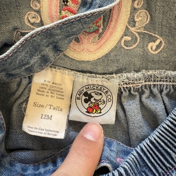 Vintage Baby Mickey Co Minnie Mouse Denim Baby Dress 12 Month Embroidered Patch - Picture 10 of 11